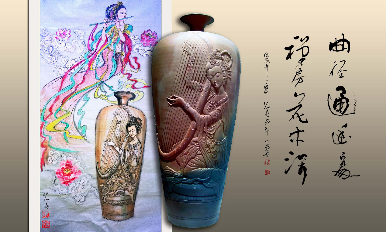 中国陶磁器 法花 浮き彫り壺 逸品-